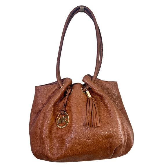 Michael Kors Handbags - Michael Kors Brown Pebbled Leather Tassel Shoulder Bag Gold MK Charm Hobo
